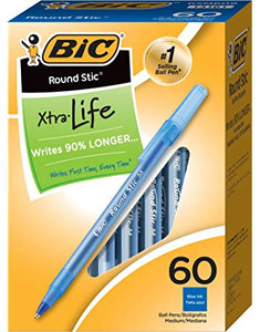 BIC Round Stic Xtra Life Ballpoint Pen, Medium Point (1.0mm), Blue, 60-