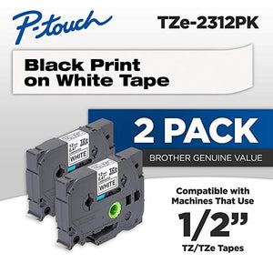 Brother Genuine P-touch, TZE2312PK, 1/2" (0.47") Standard Laminated P-Touch Tape, Black on White