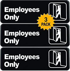 Employees Only Sign: Easy to Mount Informative Plastic Sign with Symbols 9"x3", Pack of 3