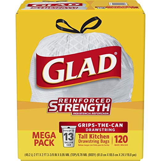 Glad Tall Kitchen Drawstring Trash Bags - 13 Gallon White Trash Bag - 120 Count