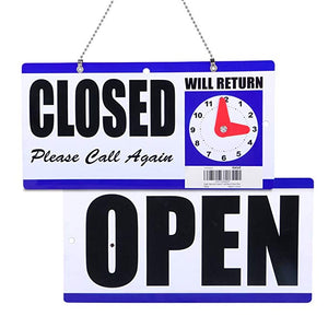 Open and Closed Plastic Hanging Sign with"Will Return" Clock, 6 X 11.5 Inches