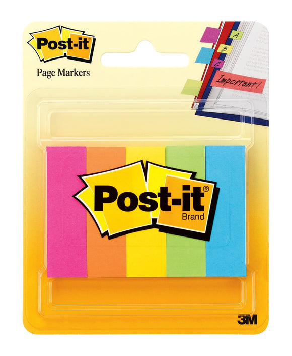 Post-it Page Markers, 1/2 in x 1 3/4 in, Assorted Colors, 100 Sheets/Pad, 5 Pads/Pack